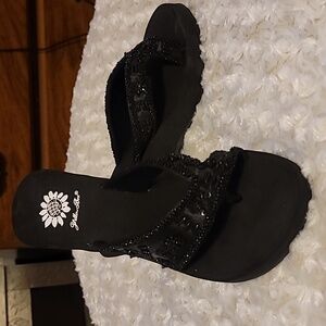 Yellow Box Black Satin and Beaded Wedge Flip Flops size 6.5
